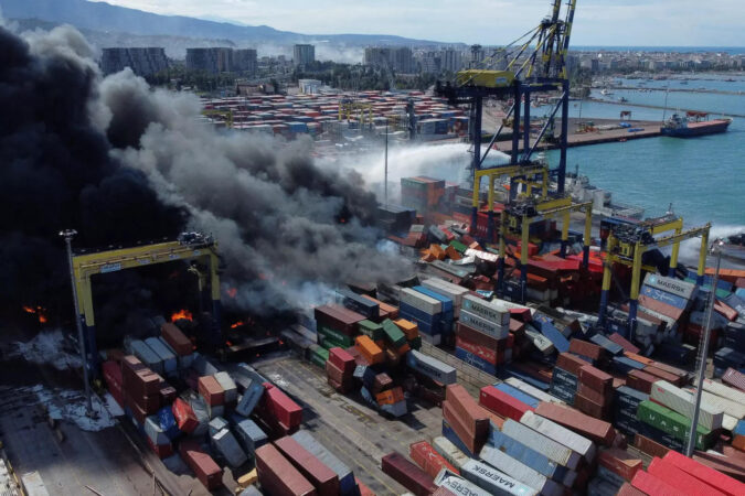 Port: Shipping containers ablaze at earthquake-stricken Turkey's Iskenderun Port, operations halted