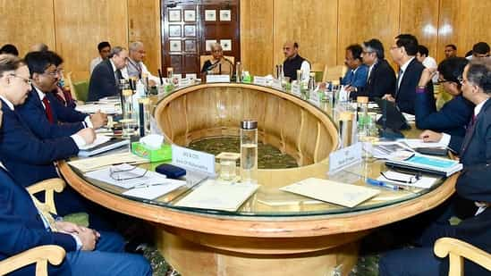 Union Finance Minister Nirmala Sitharaman chairs a meeting to review the performance of Public Sector Banks on various financial, efficiency, and health parameters, in New Delhi on Saturday. (ANI Photo)(NSitharaman Office Twitter)