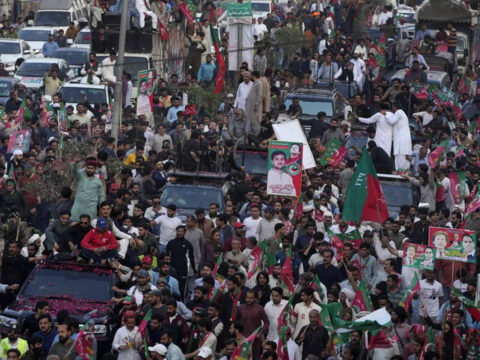 Imran Khan leads thousands at election rally in Lahore as Islamabad police arrive to arrest him