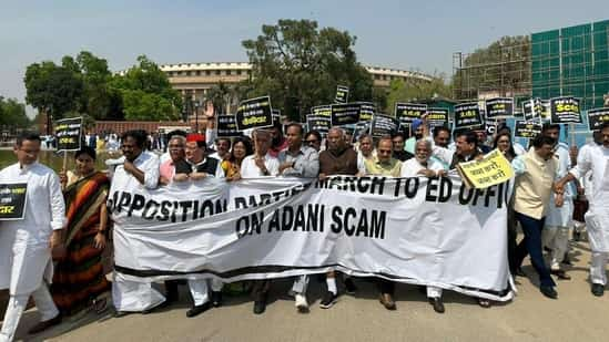 Opposition party leaders on their march to the Enforcement Directorate's Delhi office to file a formal complaint asking for an investigation into the Gautam Adani-Hindenburg controversy (HT Photo)