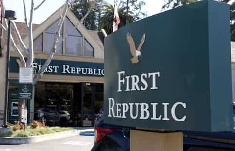 A sign is posted in front of a First Republic Bank.(Getty Images via AFP)