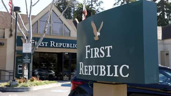 A sign is posted in front of a First Republic Bank.(Getty Images via AFP)