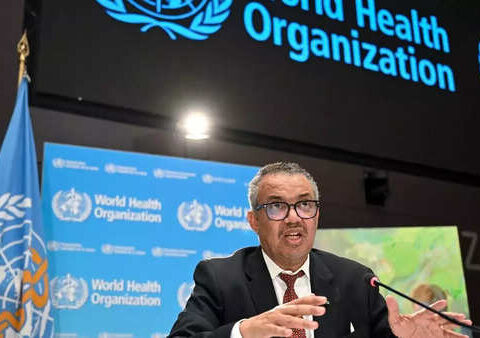 World Health Organization (WHO) chief Tedros Adhanom Ghebreyesus speaks during a press conference on the World Health Organization's 75th anniversary in Geneva, on April 6, 2023. (Photo by Fabrice COFFRIN