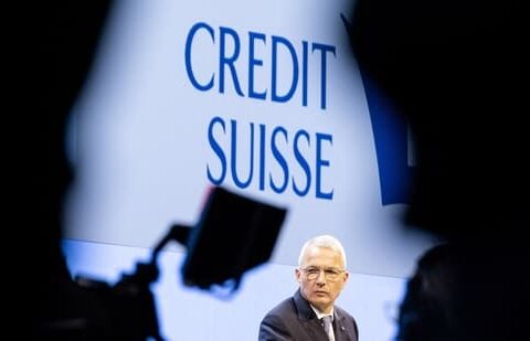 Chairman of Credit Suisse, Axel Lehmann speaks during Credit Suisse Annual General Meeting, two weeks after being bought by rival UBS in a government-brokered rescue, at Hallenstadion, in Zurich, Switzerland, April 4, 2023. (REUTERS)