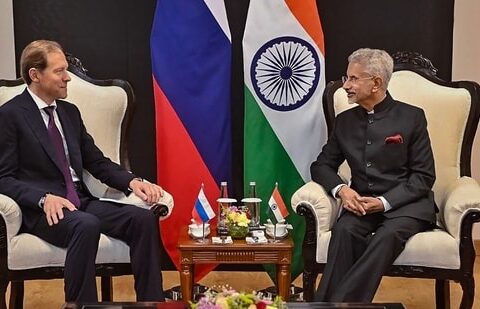 External Affairs Minister S. Jaishankar during a meeting with Deputy Prime Minister and Minister of Industry & Trade of Russia Denis Manturov, in New Delhi, Tuesday, April 18, 2023.(PTI)