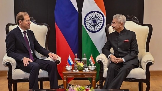 External Affairs Minister S. Jaishankar during a meeting with Deputy Prime Minister and Minister of Industry & Trade of Russia Denis Manturov, in New Delhi, Tuesday, April 18, 2023.(PTI)