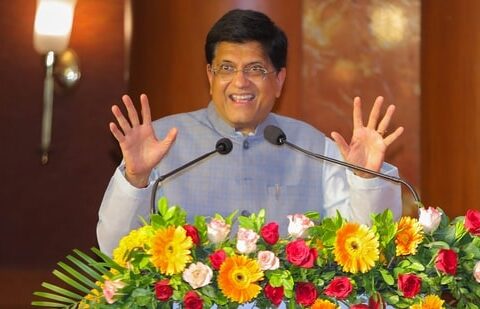 Union Minister Piyush Goyal addresses a programme in Rajkot.(PTI)