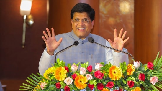 Union Minister Piyush Goyal addresses a programme in Rajkot.(PTI)