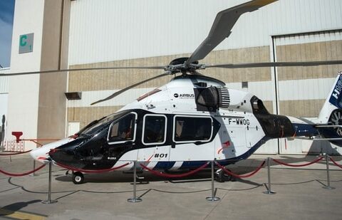 Photograph of an Airbus H160 helicopter on display at the Airbus Helicopters factory in Marignane, southern France.(AFP)