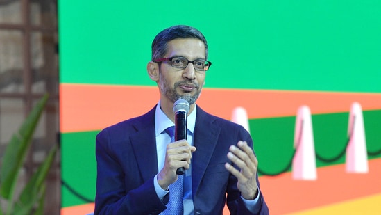 Sundar Pichai, CEO of Google Inc. speaks during the 'Google for India' event, at Pragati Maidan in New Delhi.(HT File photo)