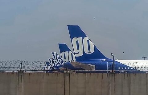 Aircraft of Go First parked at the Delhi airport. (PTI)(HT_PRINT)