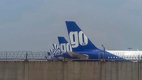 Aircraft of Go First parked at the Delhi airport. (PTI)(HT_PRINT)