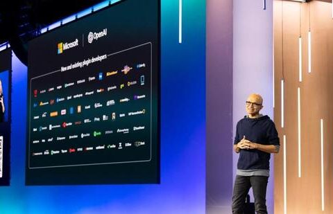 Executive chairman and CEO of Microsoft Satya Nadella during a keynote address. (Microsoft press image)