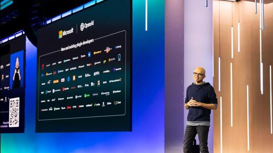 Executive chairman and CEO of Microsoft Satya Nadella during a keynote address. (Microsoft press image)