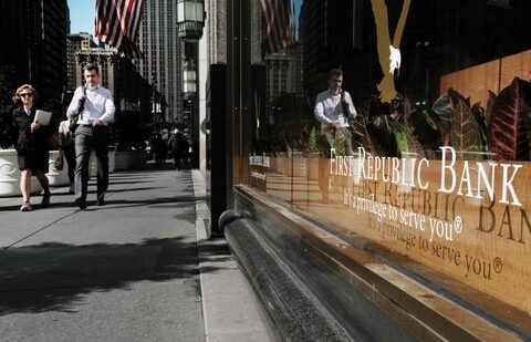 People walk past a First Republic bank in Manhattan on May 01, 2023 in New York City.(Getty Images via AFP)