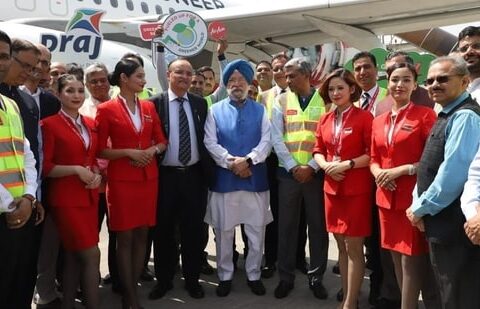 Union minister Hardeep Singh Puri with the crew of the historic AIX Connect flight.