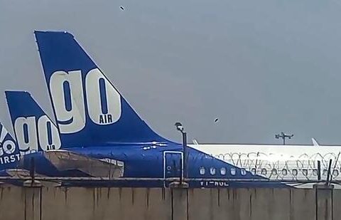 Go First airline at IGI Airport in New Delhi on May 3 after the airline cancelled flights and filed for bankruptcy. (PTI)