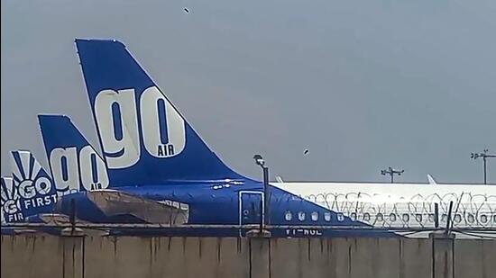 Go First airline at IGI Airport in New Delhi on May 3 after the airline cancelled flights and filed for bankruptcy. (PTI)