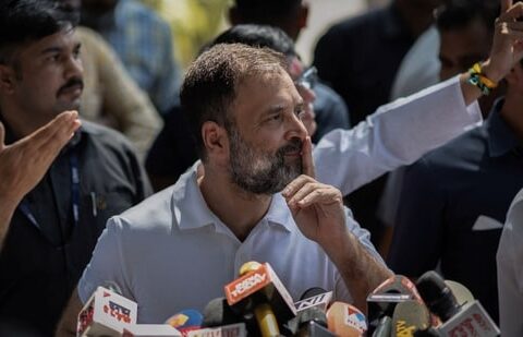 Senior Congress leader Rahul Gandhi gestures as he addresses the media at the party headquarters, in New Delhi, India, May 13, 2023.(Reuters)