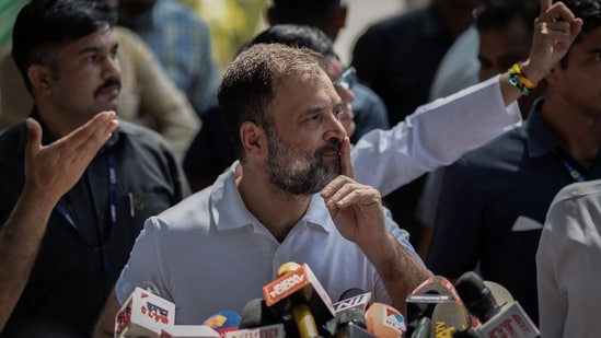 Senior Congress leader Rahul Gandhi gestures as he addresses the media at the party headquarters, in New Delhi, India, May 13, 2023.(Reuters)