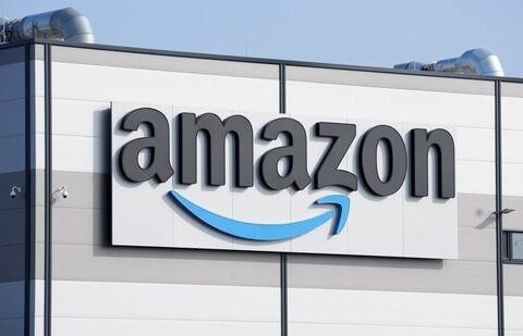 An Amazon company logo is seen on the facade of a company's building in Schoenefeld near Berlin, Germany.(AP)