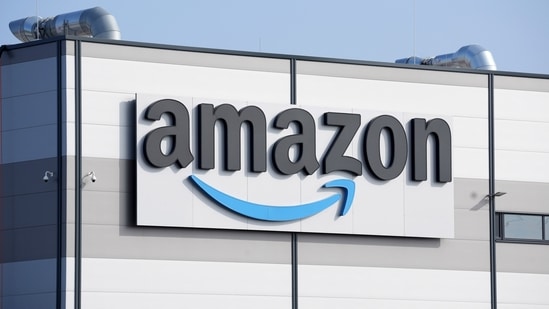 An Amazon company logo is seen on the facade of a company's building in Schoenefeld near Berlin, Germany.(AP)