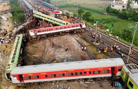 A drone view shows derailed coaches after two passenger trains collided in Odisha's Balasore district on June 3.(Reuters)