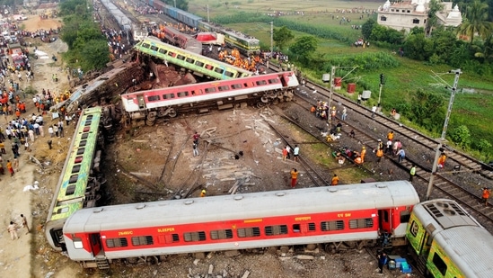 A drone view shows derailed coaches after two passenger trains collided in Odisha's Balasore district on June 3.(Reuters)