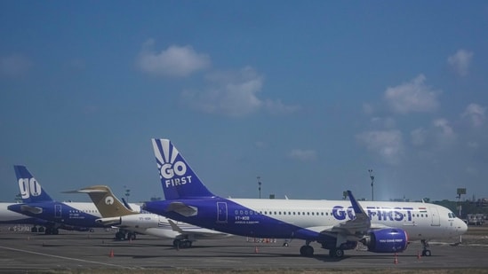 Mumbai: Go First airline aircrafts, formerly known as GoAir, stand parked at the apron of the Mumbai airport.(PTI)