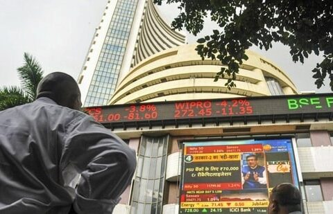 The stock market index on a display screen at the Bombay Stock Exchange (BSE) building in Mumbai.(PTI)