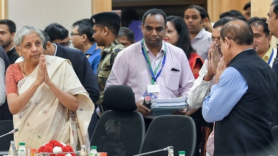 Union Finance Minister Nirmala Sitharaman greets as she chairs the 50th meeting of the GST Council, at Vigyan Bhawan in New Delhi on Tuesday. (ANI)