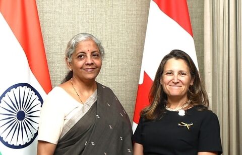 Union Finance Minister Nirmala Sitharaman meets Canadian Deputy Prime Minister and Minister of Finance Chrystia Freeland on the sidelines of the 3rd G20 Finance Ministers and Central Bank Governors (FMCBG) meeting, in Gandhinagar on Sunday.(ANI/ Ministry of Finance Twitter)