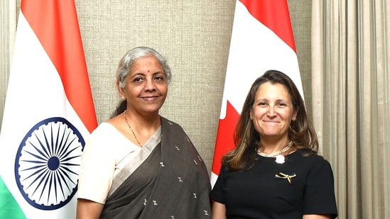 Union Finance Minister Nirmala Sitharaman meets Canadian Deputy Prime Minister and Minister of Finance Chrystia Freeland on the sidelines of the 3rd G20 Finance Ministers and Central Bank Governors (FMCBG) meeting, in Gandhinagar on Sunday.(ANI/ Ministry of Finance Twitter)