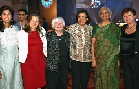 Union Finance Minister Nirmala Sitharaman with Gita Gopinath, First Deputy Managing Director (FDMD), International Monetary Fund (IMF), Canada Finance Minister Chrystia Freeland, United States Secretary of the Treasury, Janet Yellen, Indonesia Finance Minister Mulyani Indrawati and Kristalina Georgieva, MD, IMF at the 3rd G20 Finance Ministers and Central Bank Governors meeting gala dinner under the G20 India Presidency, in Gandhinagar on Tuesday. (ANI Picture Service )