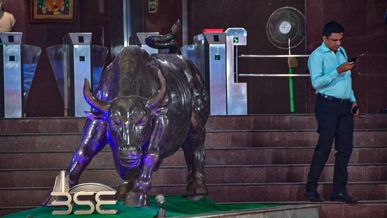 Sensex, Nifty updates: The bull statue at Bombay Stock Exchange (BSE) building in Mumbai.(PTI)