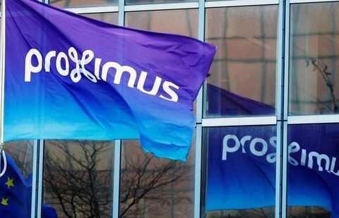 A flag with the logo of Proximus is seen at the headquarters of the Belgian telecoms operator in Brussels,(REUTERS)