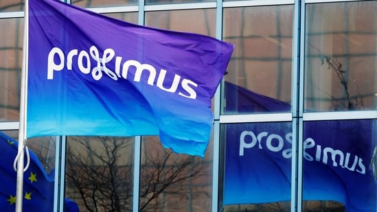 A flag with the logo of Proximus is seen at the headquarters of the Belgian telecoms operator in Brussels,(REUTERS)