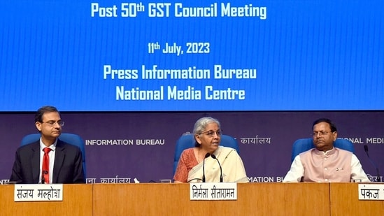 Union Finance Minister Nirmala Sitharaman addresses the press conference post the 50th GST Council meeting, in New Delhi on Tuesday.(CBIC twitter)