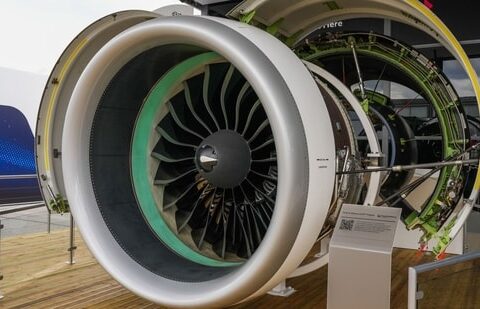 A Pratt & Whitney GTF turbofan aero engine on display at the Paris Air Show in Le Bourget, Paris, France, on Tuesday, June 20, 2023. (Bloomberg)