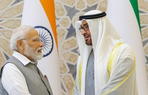 Prime Minister Narendra Modi and UAE President Sheikh Mohamed bin Zayed Al Nahyan during a meeting at Qasr Al-Watan, in Abu Dhabi, Saturday, July 15.(PTI)