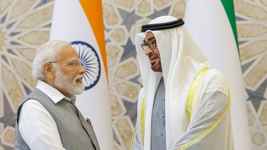 Prime Minister Narendra Modi and UAE President Sheikh Mohamed bin Zayed Al Nahyan during a meeting at Qasr Al-Watan, in Abu Dhabi, Saturday, July 15.(PTI)