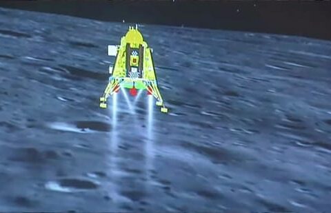 A screenshot shows a representation of Chandrayaan-3's successful landing on the Moon's surface, Wednesday, Aug. 23, 2023. (PTI Photo)