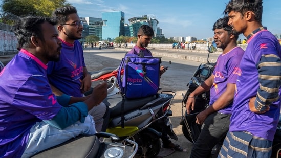 Mumbai, India - June 10, 2023: Zepto delivery partners waiting for delivery orders. (Photo by Satish Bate/Hindustan Times)