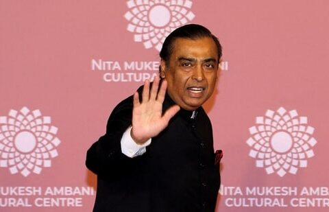 Mukesh Ambani, Chairman of Reliance Industries, waves on the red carpet during the second day of the opening of Nita Mukesh Ambani Cultural Centre (NMACC) at Jio World Centre, in Mumbai.(REUTERS)