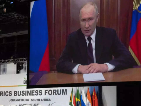 Russia’s Vladimir Putin attends Brics summit in South Africa remotely while facing war crimes warrant
