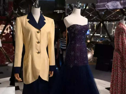 Photo taken on April 17, 2024 shows outfits once worn by Princess Diana at a media preview ahead of the auction by Julian’s Auctions titled “Princess Diana's Elegance & A Royal Collection” on display i (1)