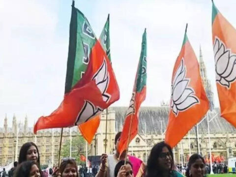 Indian women gather in traditional attire outside UK Parliament to extend support to PM Modi's success in LS polls