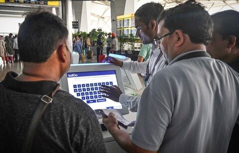 Passengers seen waiting after a major disruption in Microsoft Corp.'s cloud services caused widespread flight cancellations and delays at T3 IGI Airport in New Delhi, India, on Friday.(Vipin Kumar/ Hindustan Times)