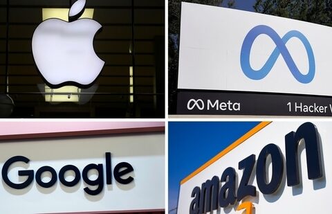 This photo combo of images shows logos for Apple, Meta, Google and Amazon (AP)