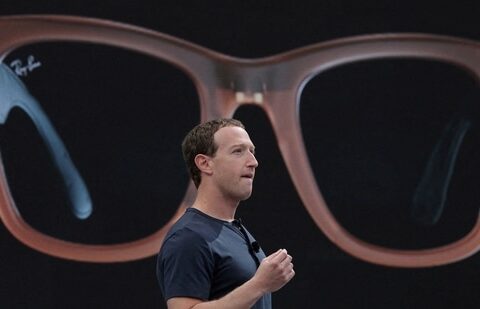 Meta CEO Mark Zuckerberg delivers a speech, as a pair of Ray-Ban smart glasses appear on screen, during the Meta Connect event at the company's headquarters in Menlo Park, California.(Reuters)